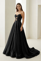 Aniria | Black - Strapless A Line Satin Beaded Long Prom Dresses With Cutout - KissProm