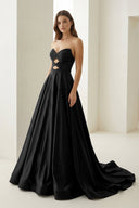 Aniria | Black - Strapless A Line Satin Beaded Long Prom Dresses With Cutout -KissProm