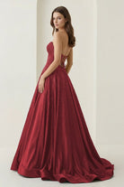 Aniria | Burgundy - Strapless A Line Satin Beaded Long Prom Dresses With Cutout - KissProm