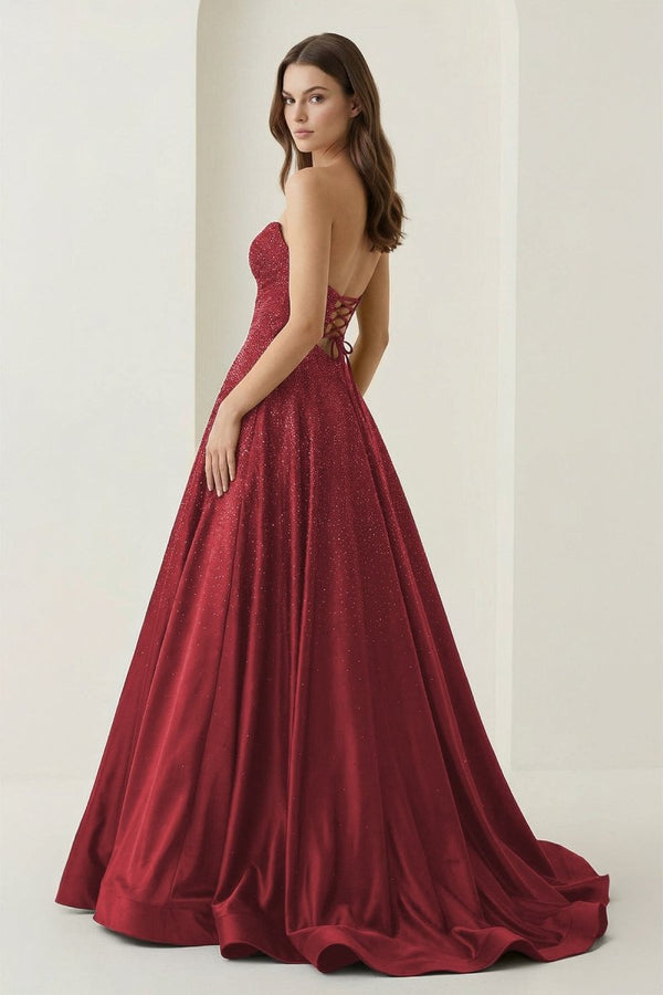 Aniria | Burgundy - Strapless A Line Satin Beaded Long Prom Dresses With Cutout -KissProm
