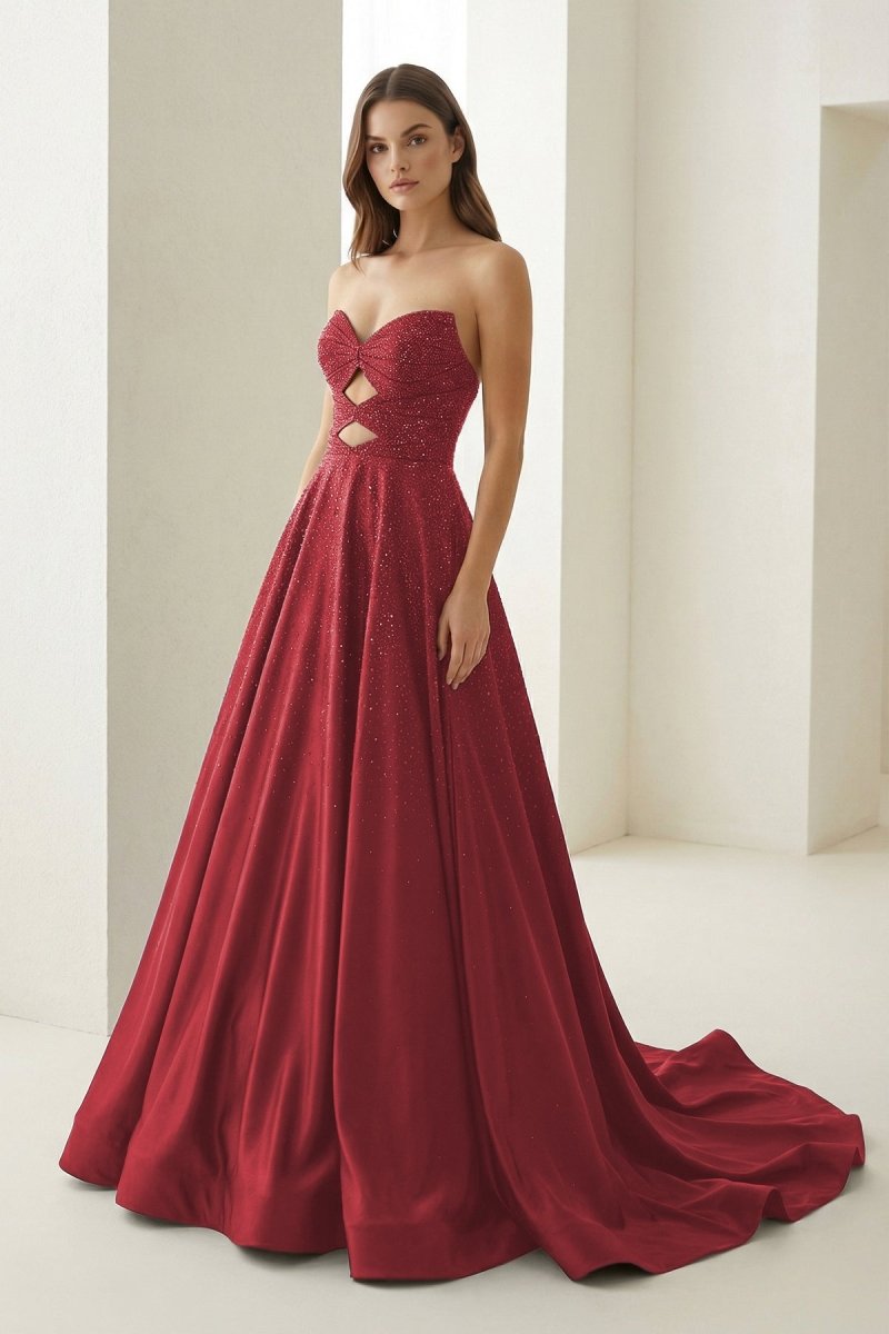 Aniria | Burgundy - Strapless A Line Satin Beaded Long Prom Dresses With Cutout - KissProm