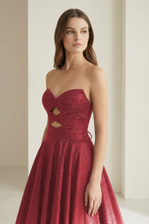 Aniria | Burgundy - Strapless A Line Satin Beaded Long Prom Dresses With Cutout -KissProm