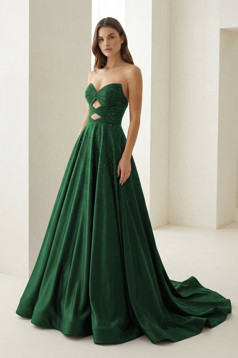 Aniria | Dark Green - Strapless A Line Satin Beaded Long Prom Dresses With Cutout -KissProm