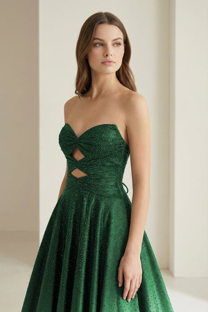 Aniria | Dark Green - Strapless A Line Satin Beaded Long Prom Dresses With Cutout -KissProm