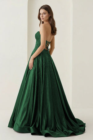 Aniria | Dark Green - Strapless A Line Satin Beaded Long Prom Dresses With Cutout -KissProm