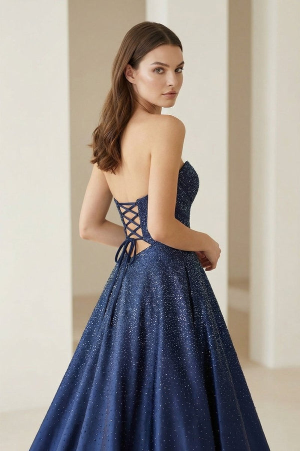 Aniria | Navy Blue - Strapless A Line Satin Beaded Long Prom Dresses With Cutout - KissProm