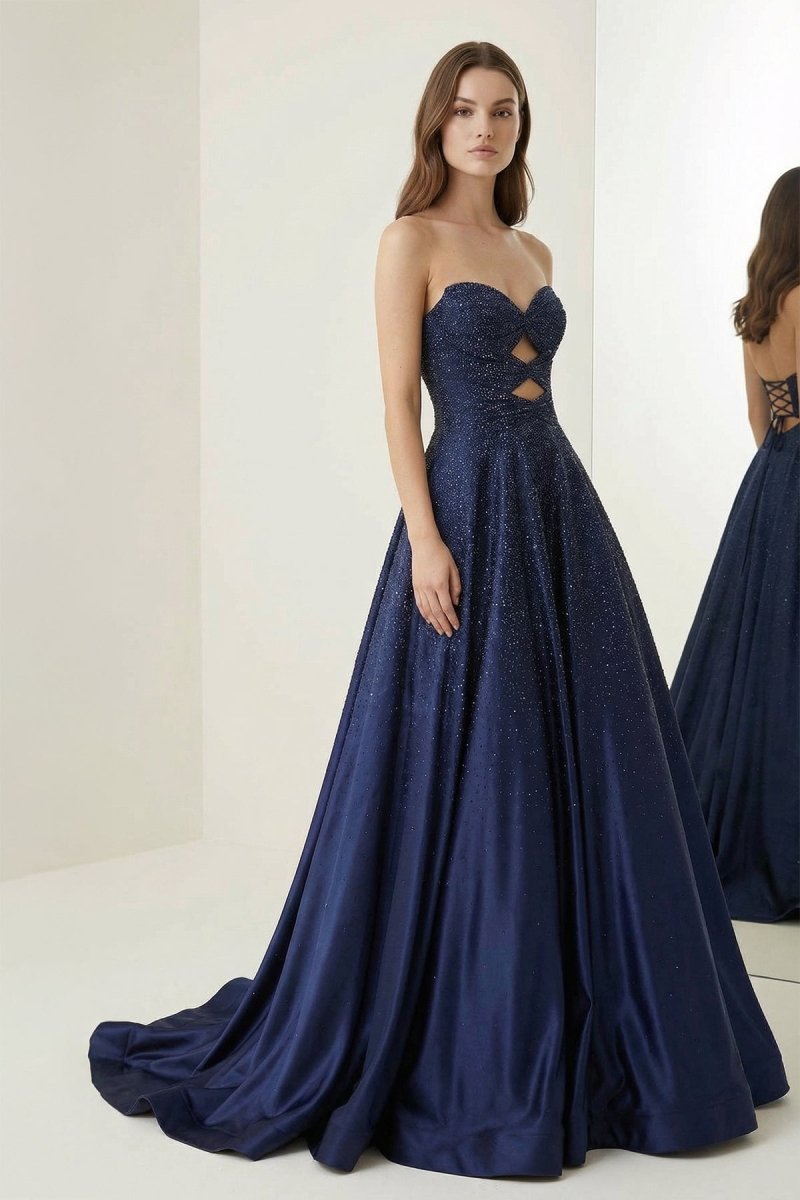 Aniria | Royal Blue - Strapless A Line Satin Beaded Long Prom Dresses With Cutout - KissProm