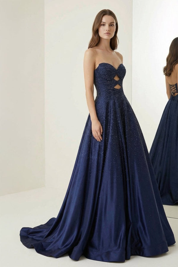 Aniria | Navy Blue - Strapless A Line Satin Beaded Long Prom Dresses With Cutout - KissProm