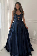 Aniria | Navy Blue - Strapless A Line Satin Beaded Long Prom Dresses With Cutout - KissProm