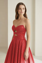 Aniria | Red - Strapless A Line Satin Beaded Long Prom Dresses With Cutout - KissProm