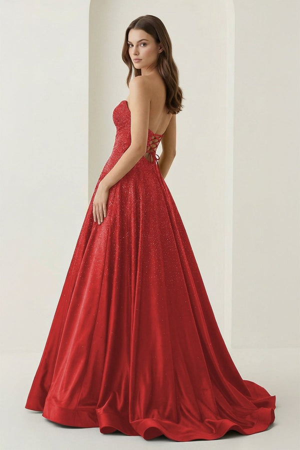 Aniria | Red - Strapless A Line Satin Beaded Long Prom Dresses With Cutout -KissProm