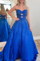Aniria | Royal Blue - Strapless A Line Satin Beaded Long Prom Dresses With Cutout - KissProm