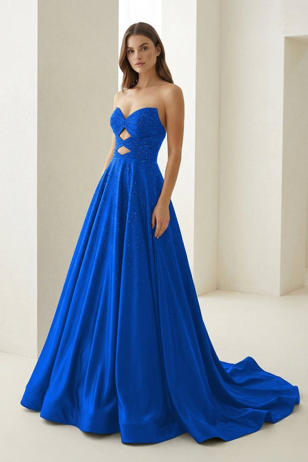 Aniria | Royal Blue - Strapless A Line Satin Beaded Long Prom Dresses With Cutout - KissProm