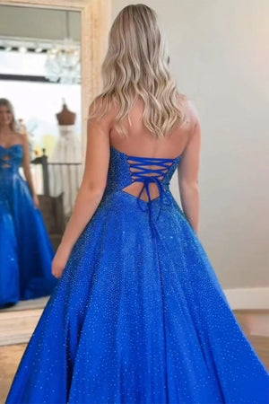 Aniria | Royal Blue - Strapless A Line Satin Beaded Long Prom Dresses With Cutout - KissProm