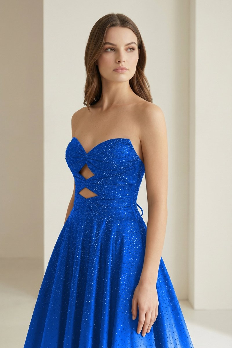 Aniria | Royal Blue - Strapless A Line Satin Beaded Long Prom Dresses With Cutout - KissProm