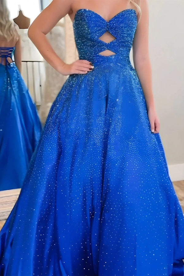 Aniria | Royal Blue - Strapless A Line Satin Beaded Long Prom Dresses With Cutout - KissProm