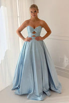 Aniria | Sky Blue - Strapless A Line Satin Beaded Long Prom Dresses With Cutout - KissProm