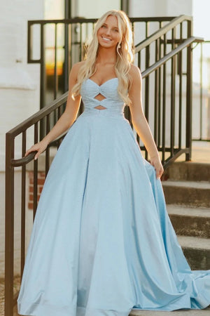 Aniria | Sky Blue - Strapless A Line Satin Beaded Long Prom Dresses With Cutout - KissProm