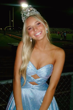 Aniria | Sky Blue - Strapless A Line Satin Beaded Long Prom Dresses With Cutout - KissProm