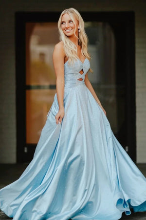 Aniria | Sky Blue - Strapless A Line Satin Beaded Long Prom Dresses With Cutout - KissProm