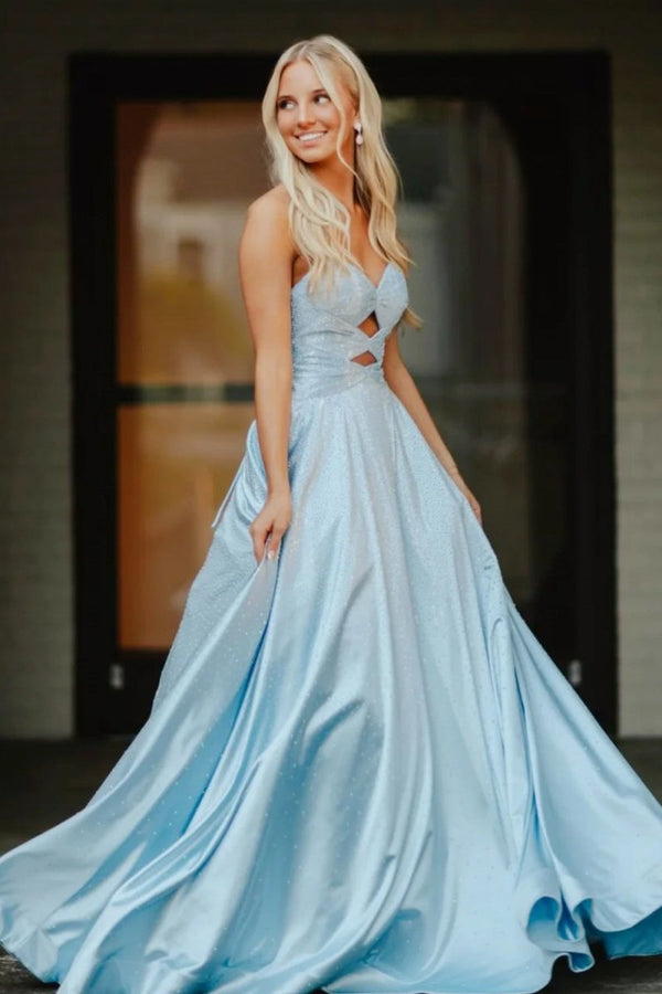 Aniria | Sky Blue - Strapless A Line Satin Beaded Long Prom Dresses With Cutout - KissProm