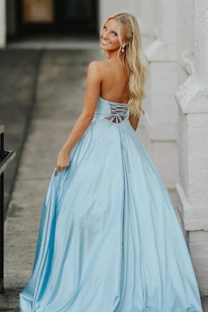 Aniria | Sky Blue - Strapless A Line Satin Beaded Long Prom Dresses With Cutout - KissProm