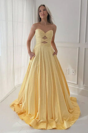Aniria | Yellow - Strapless A Line Satin Beaded Long Prom Dresses With Cutout - KissProm