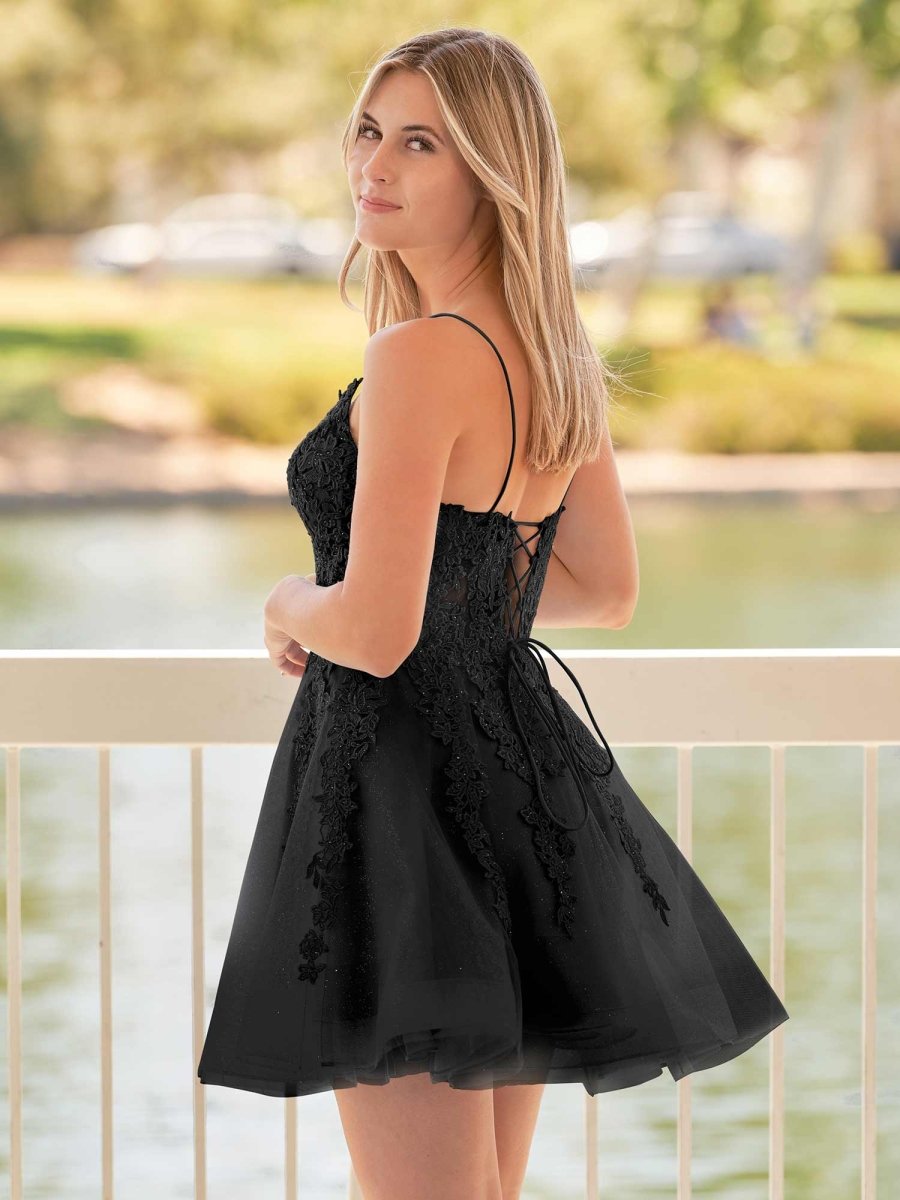 Anisia Sky Blue Lace Spaghetti-Straps Homecoming Dress With Appliques | KissProm Anisia Sky Blue Lace Spaghetti-Straps Homecoming Dress With Appliques | KissProm