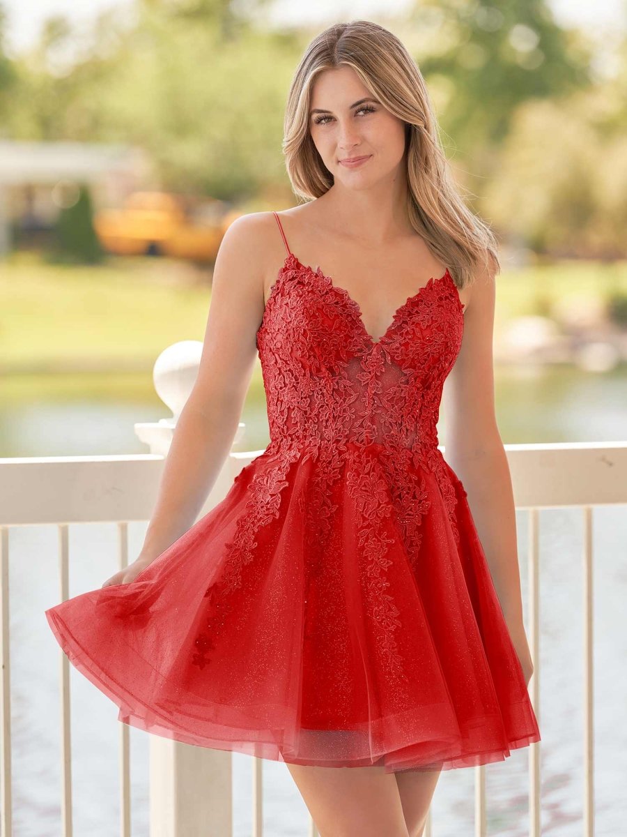 Red A-Line Spaghetti-Straps Sky Blue Lace Homecoming Dress With Appliques - KISSPROM