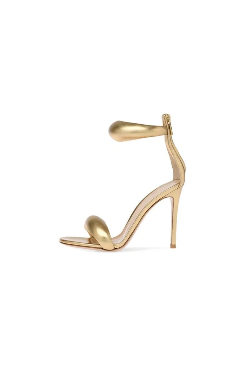 Gold Ankle Strap Leather Stiletto High Heel Sandals - KissProm