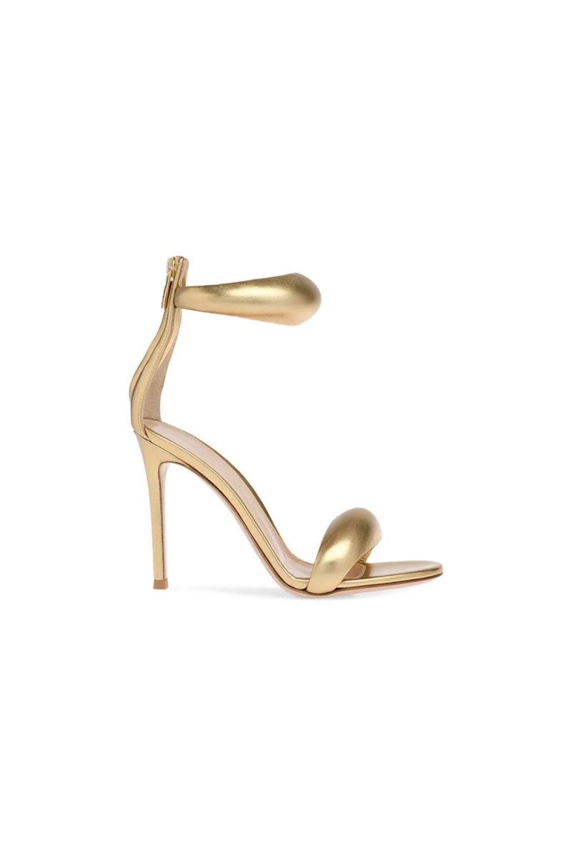 Gold Ankle Strap Leather Stiletto High Heel Sandals - KissProm