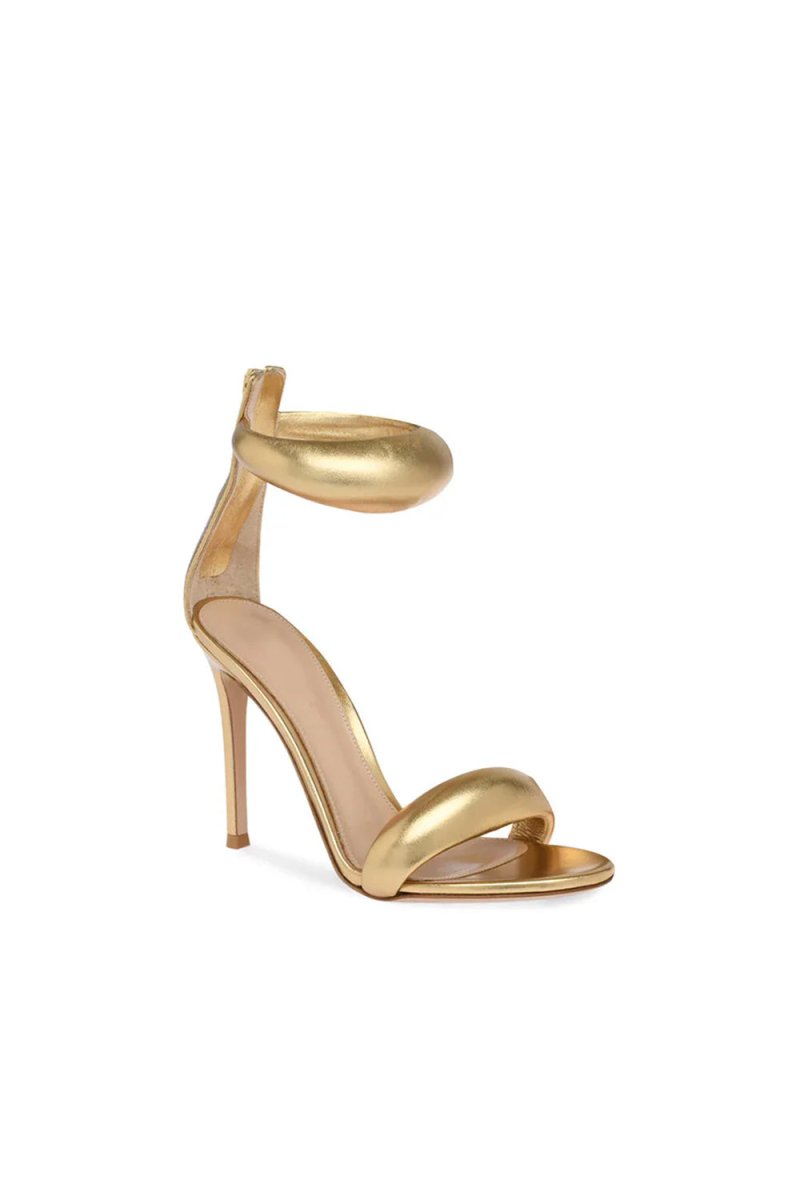 Gold Ankle Strap Leather Stiletto High Heel Sandals - KissProm