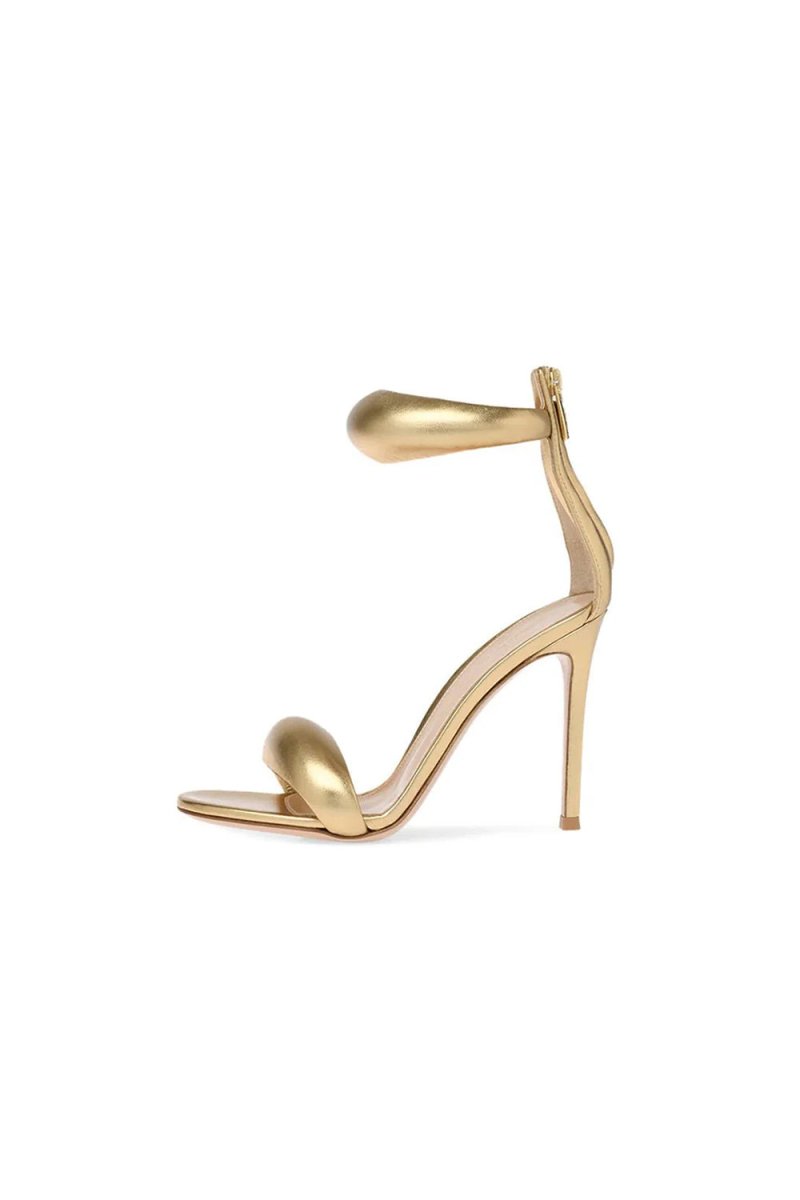Gold Ankle Strap Leather Stiletto High Heel Sandals - KissProm