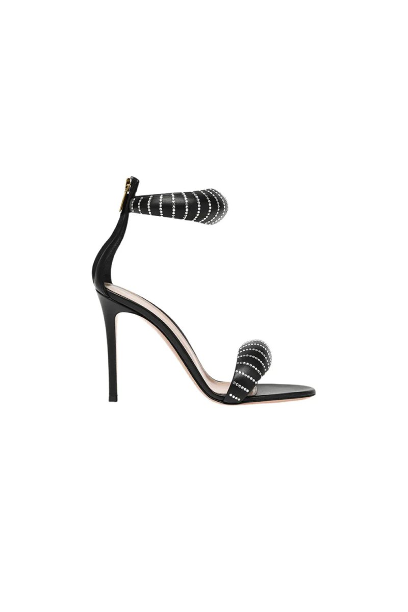 Gold Ankle Strap Leather Stiletto High Heel Sandals - KissProm