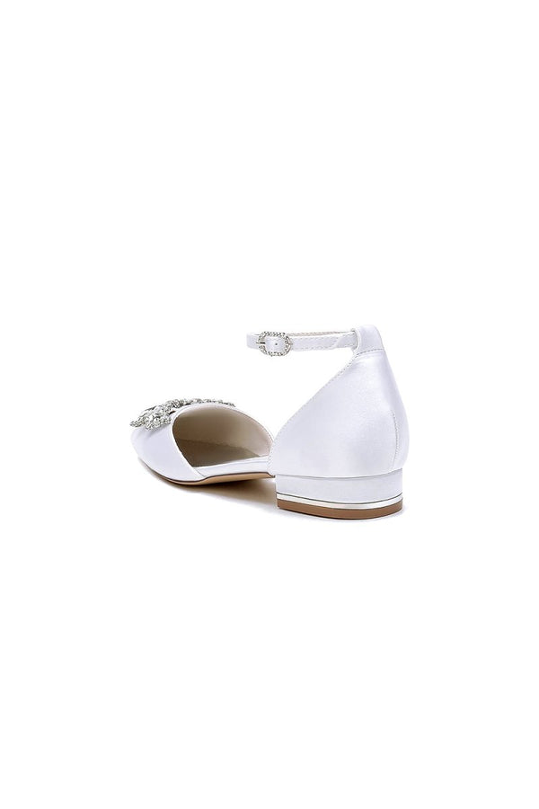 Ankle Strap Pointed Toe Low Heels with Rhinestone Flower - KissProm