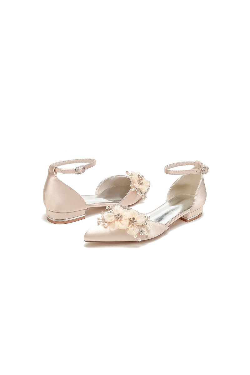 Ankle Strap Pointed Toe Low Heels with Rhinestone Flower - KissProm