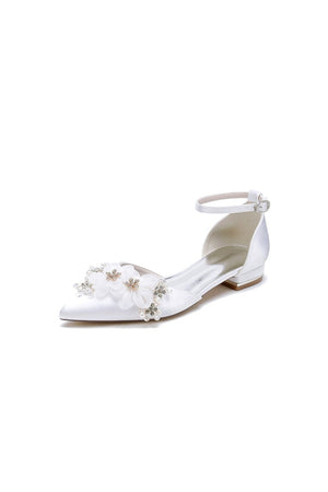 Ankle Strap Pointed Toe Low Heels with Rhinestone Flower - KissProm