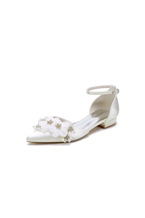 Ankle Strap Pointed Toe Low Heels with Rhinestone Flower - KissProm