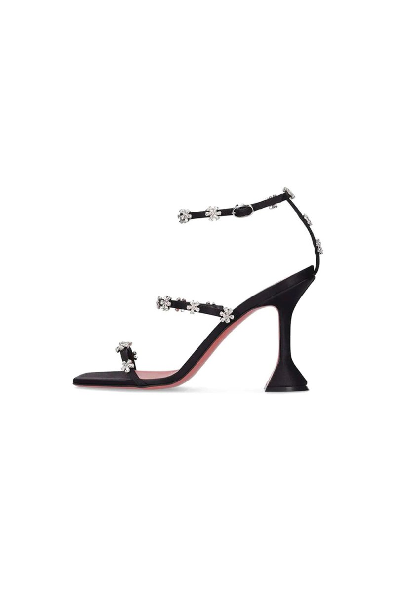 Black Ankle Straps Open Toe Chunky Heels with Flower Rhinestones