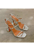 Black Ankle Straps Open Toe Chunky Heels with Flower Rhinestones