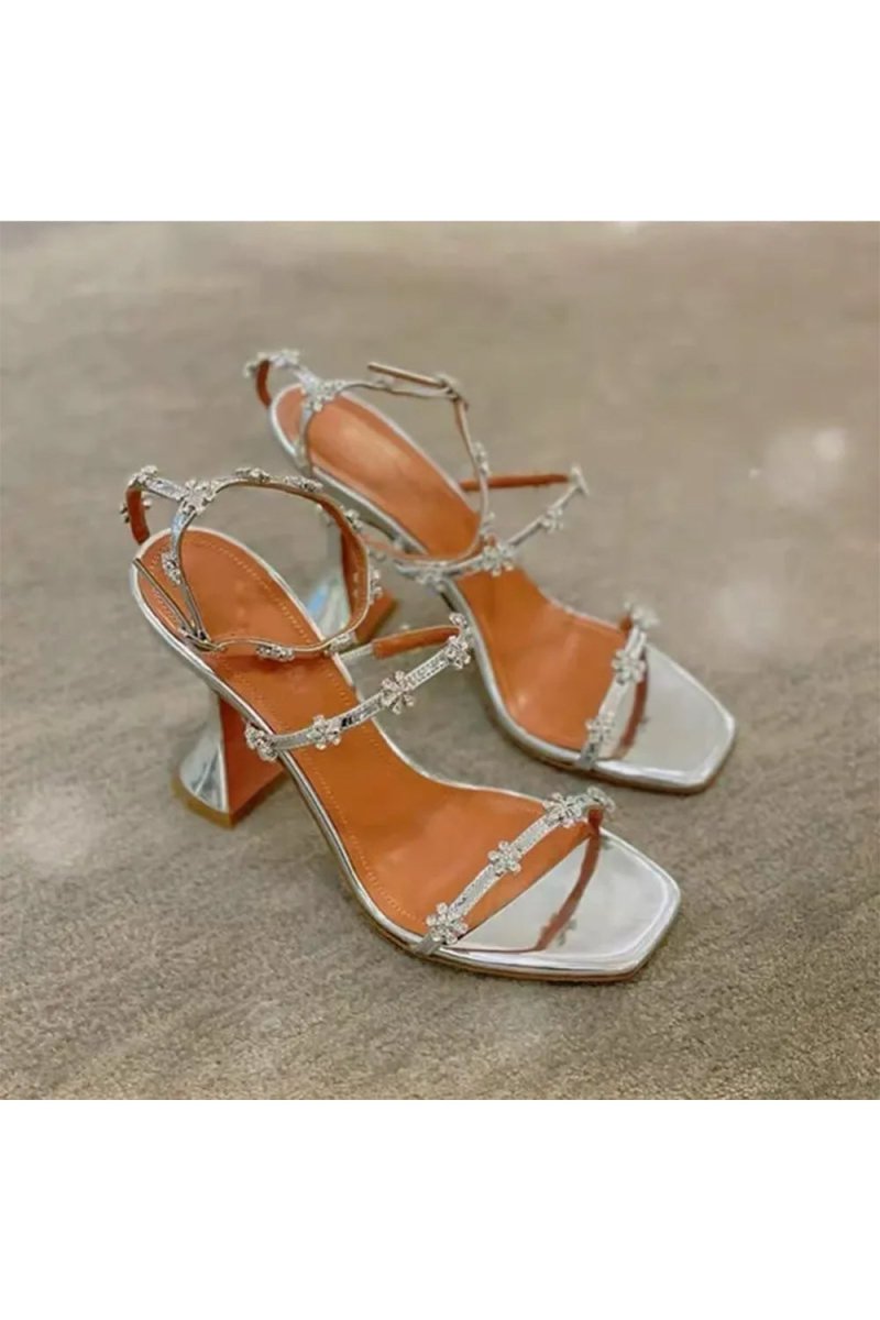 Black Ankle Straps Open Toe Chunky Heels with Flower Rhinestones