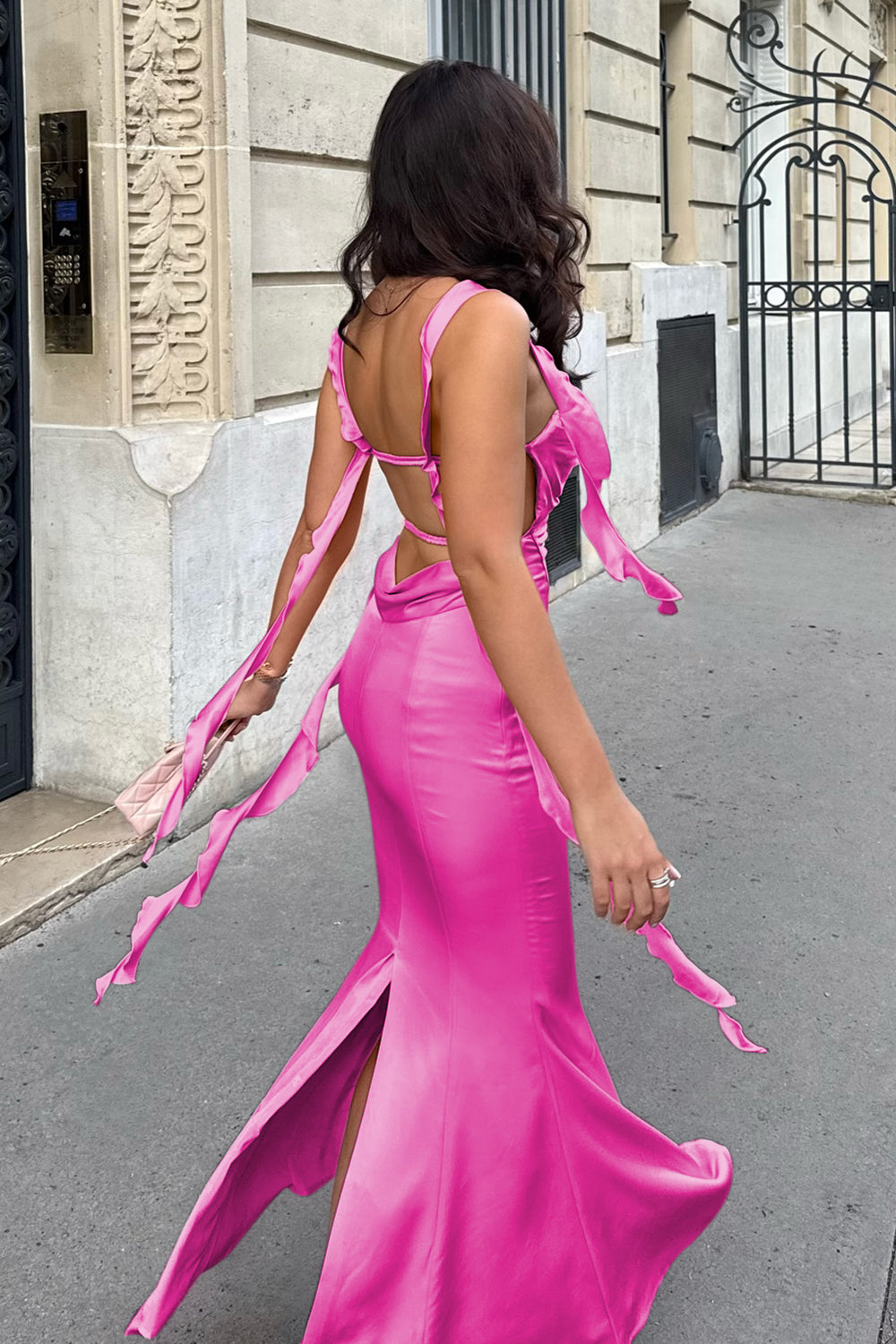 Annaira | Fuchsia - Cowl Neck Sheath Satin Open Back Formal Prom Dresses With Ruffles -KissProm