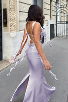 Annaira | Lavender - Cowl Neck Sheath Satin Open Back Formal Prom Dresses With Ruffles -KissProm