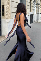 Annaira | Navy Blue - Cowl Neck Sheath Satin Open Back Formal Prom Dresses With Ruffles -KissProm