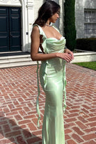 Annaira | Sage - Cowl Neck Sheath Satin Open Back Formal Prom Dresses With Ruffles - KissProm
