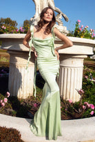 Annaira | Sage - Cowl Neck Sheath Satin Open Back Formal Prom Dresses With Ruffles - KissProm