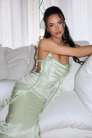 Annaira | Sage - Cowl Neck Sheath Satin Open Back Formal Prom Dresses With Ruffles - KissProm