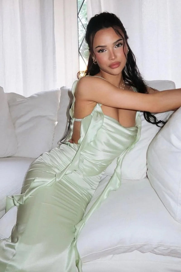 Annaira | Sage - Cowl Neck Sheath Satin Open Back Formal Prom Dresses With Ruffles - KissProm