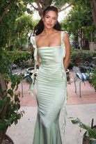 Annaira | Sage - Cowl Neck Sheath Satin Open Back Formal Prom Dresses With Ruffles - KissProm