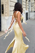 Annaira | Yellow - Cowl Neck Sheath Satin Open Back Formal Prom Dresses With Ruffles -KissProm